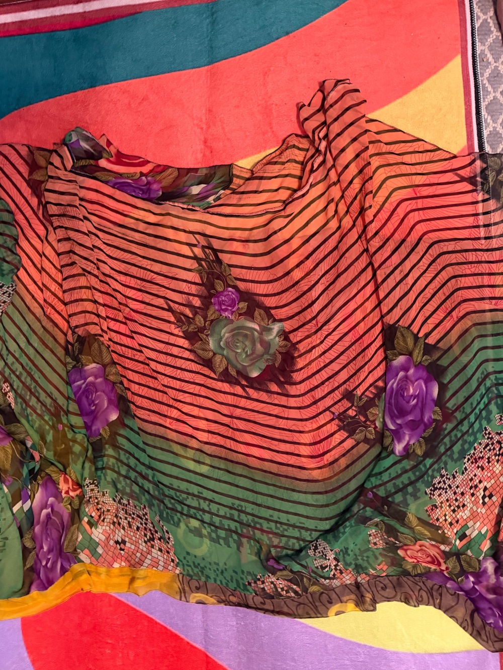 Vintage Floral reversible Striped wrap skirt- Green, Orange & Purple